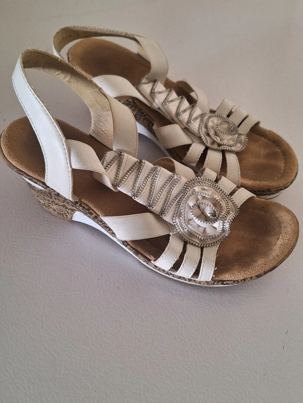 Women's Cream Slingback Wedge Sandals with Floral Accent